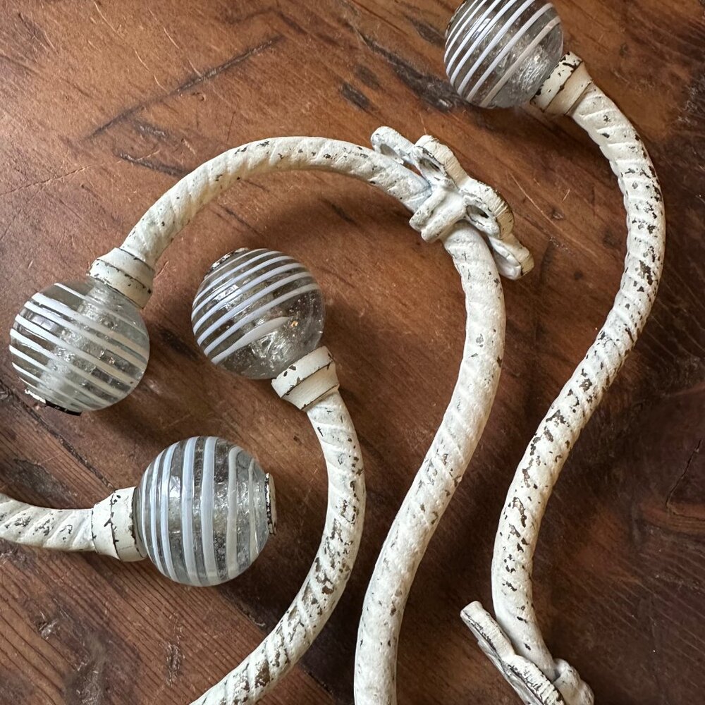 Anthropologie 4 Distressed White Glass & Iron Hooks NWOT - Picture 2 of 6
